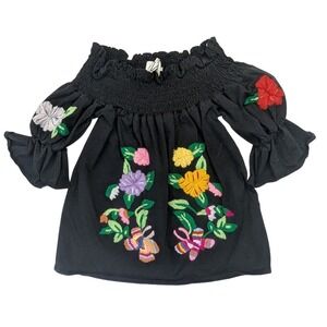Nice Vava By Joy Han Black Floral Embroidered Ruffle Blouse Women's Size Small